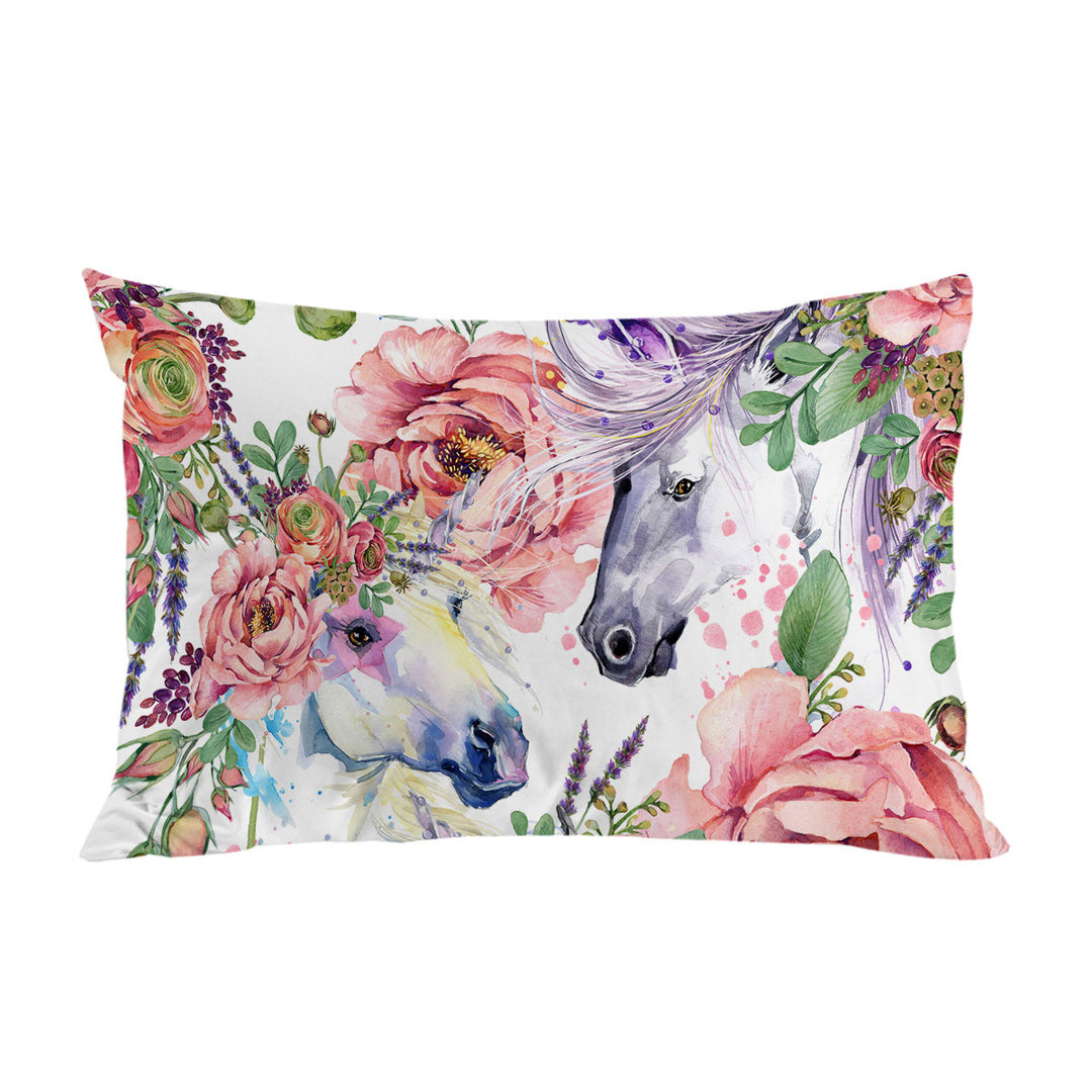 Beautiful Painting of Flowers and Horses Pillowcase