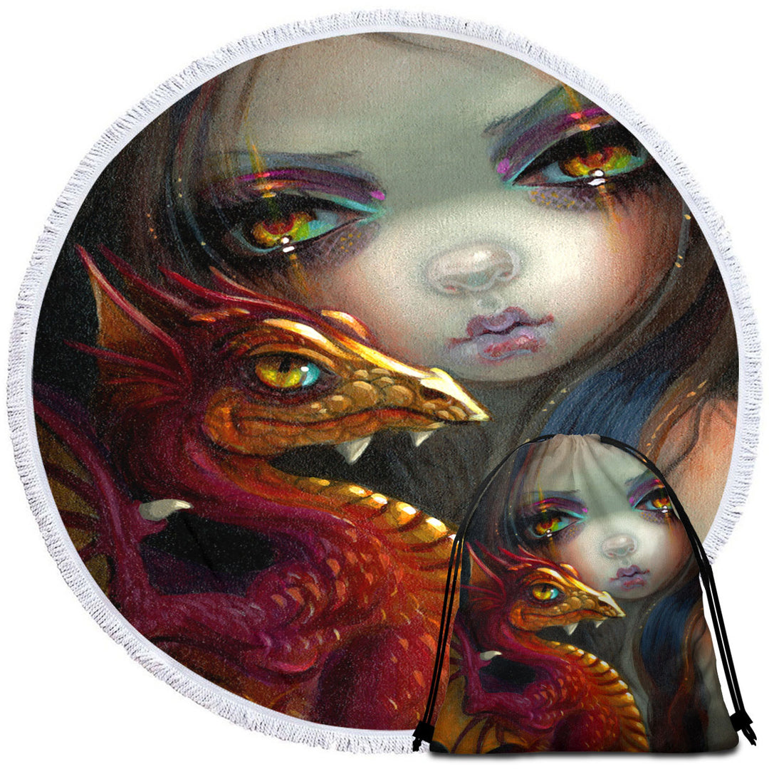 Beautiful Round Beach Towel Maiden with Her Golden Eyed Dragonling