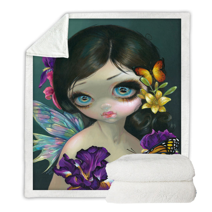 Beautiful Sherpa Blanket Girl Fairy with Iris Enchantment Flowers