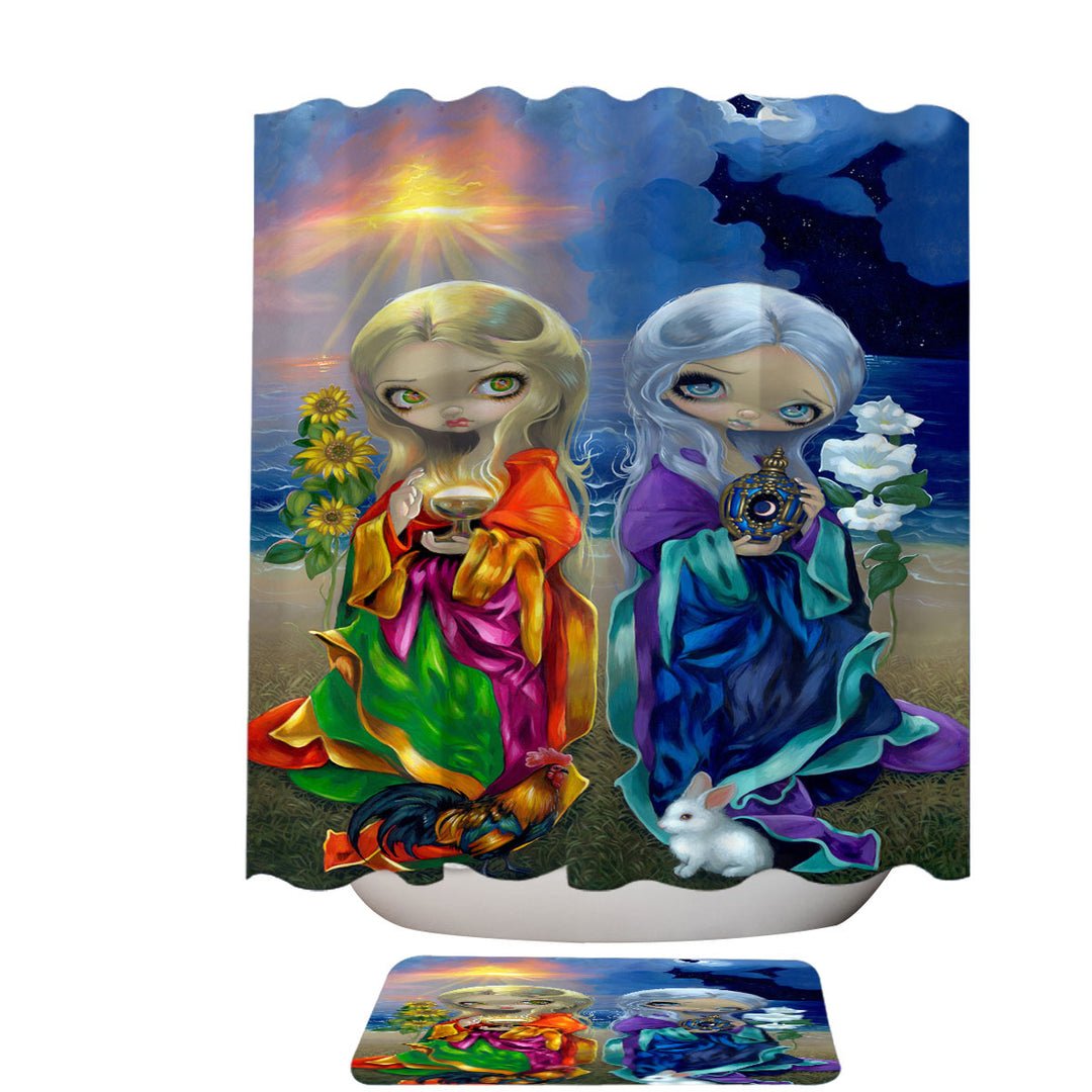 Beautiful Shower Curtains Feature Art Sun Child and Moon Child Day and Night 2