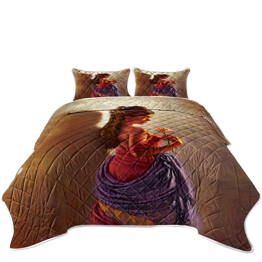 Beautiful Spanish Woman and Rose Coverlet