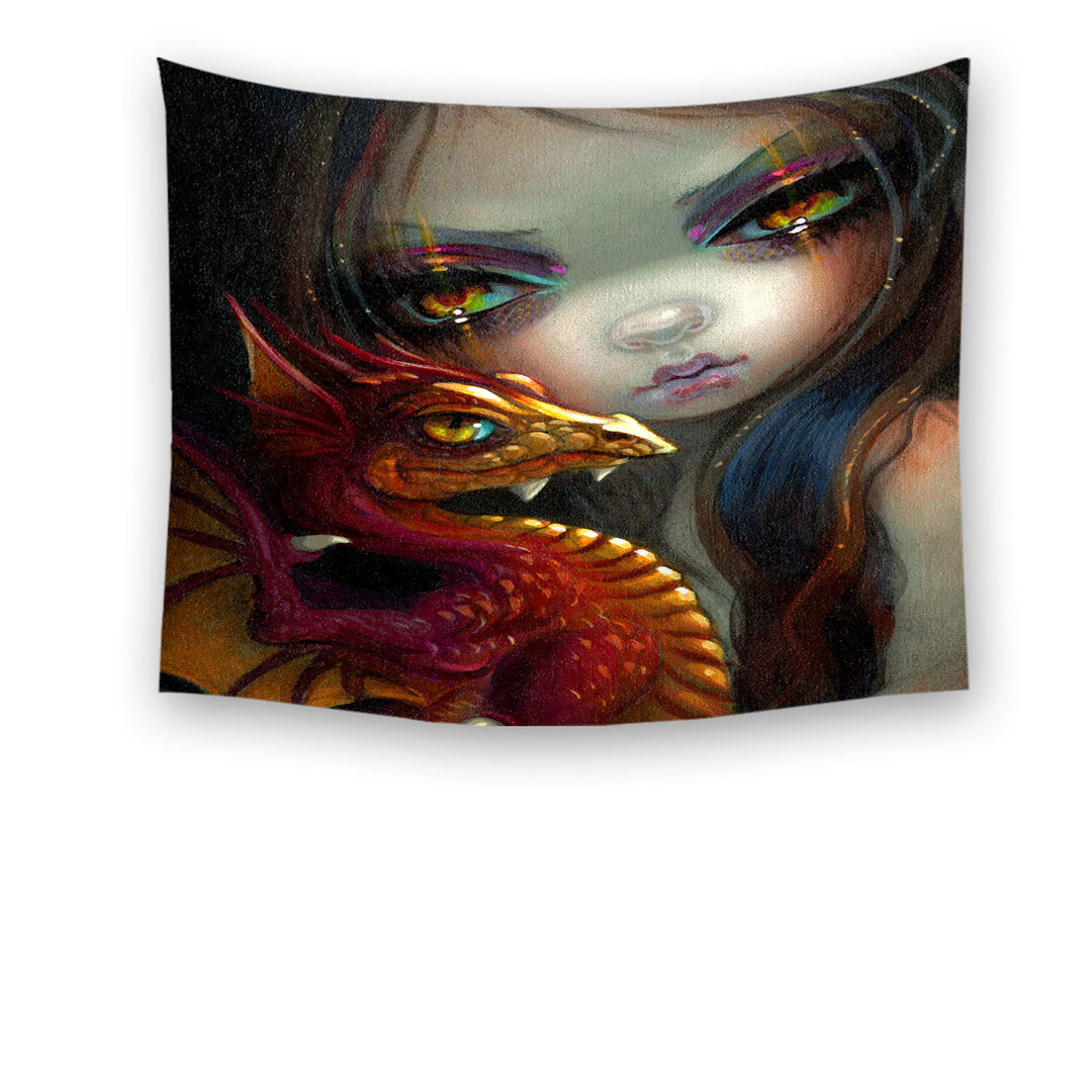 Beautiful Tapestry Maiden with Her Golden Eyed Dragonling Wall Decor