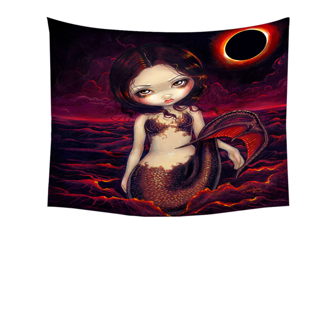 Beautiful Tapestry Wall Prints Fantasy Art Red Glow Mermaid Eclipse