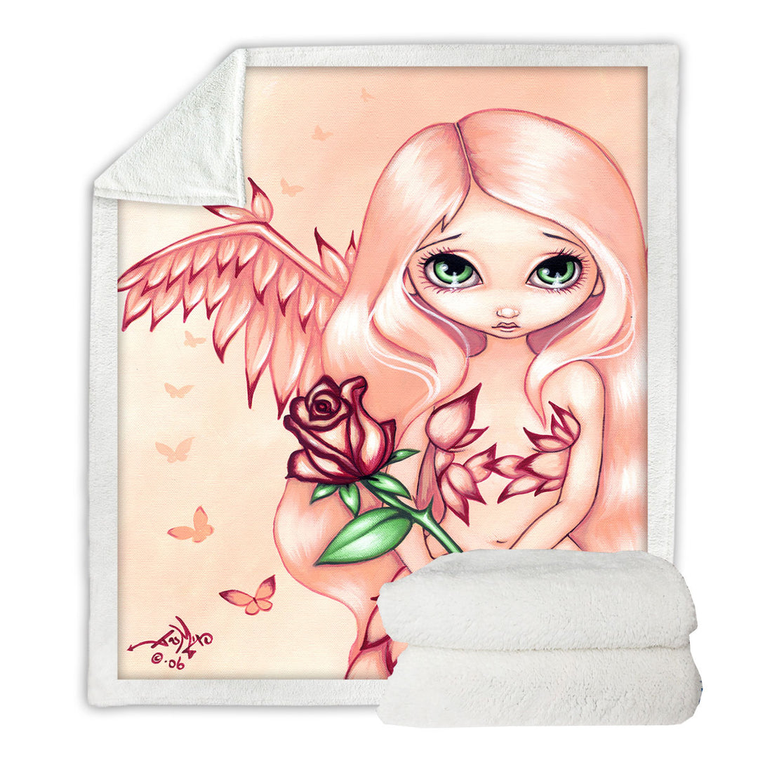 Beautiful Throw Blanket with Pale Rose A Flower Fairy with Angel Wings