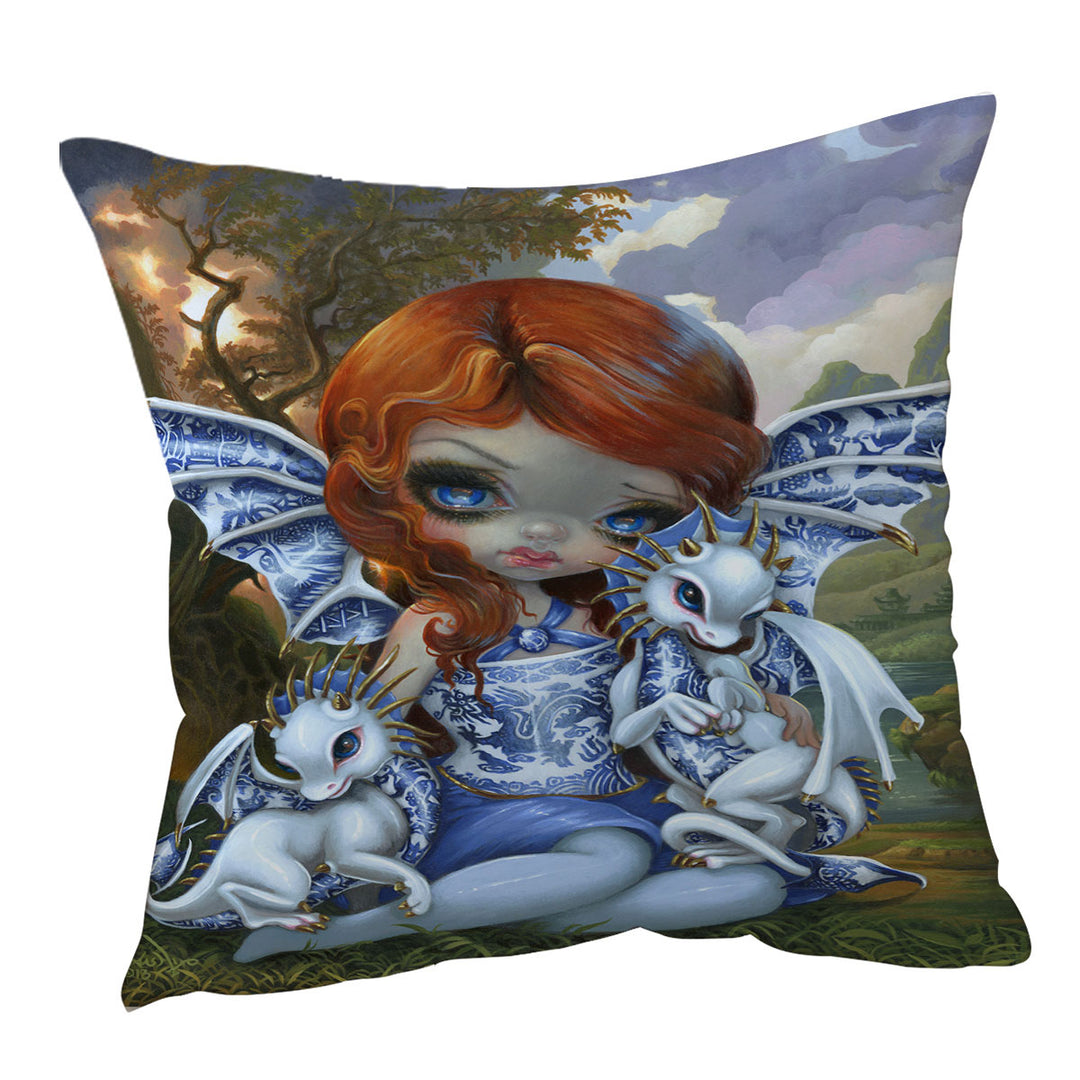 Beautiful Throw Pillows with Blue Willow Dragonlings Redhead Dragon Fairy