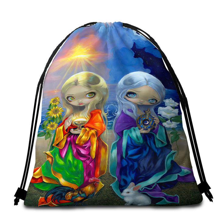 Beautiful Travel Beach Towel Features Art Sun Child and Moon Child Day and Night