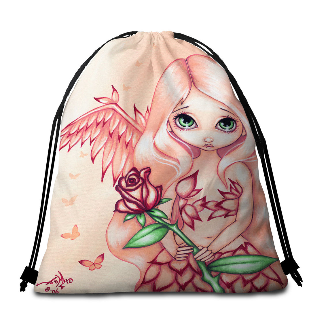 Beautiful Travel Beach Towel with Pale Rose A Flower Fairy with Angel Wings