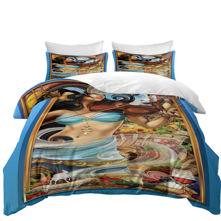 Beautiful Violinist Woman Goddess of Fine Dining Coverlets