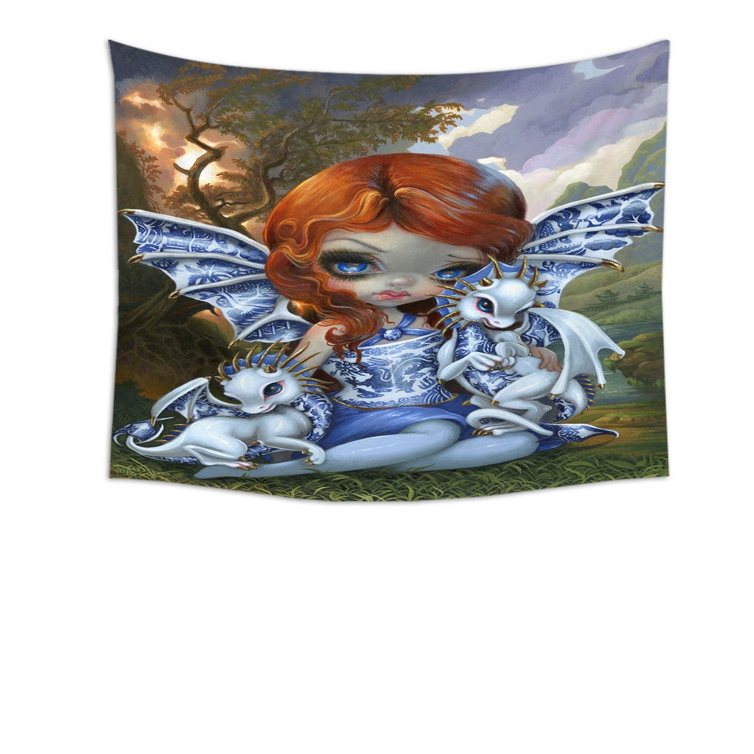 Beautiful Wall Decor Blue Willow Dragonlings Redhead Dragon Fairy Tapestry