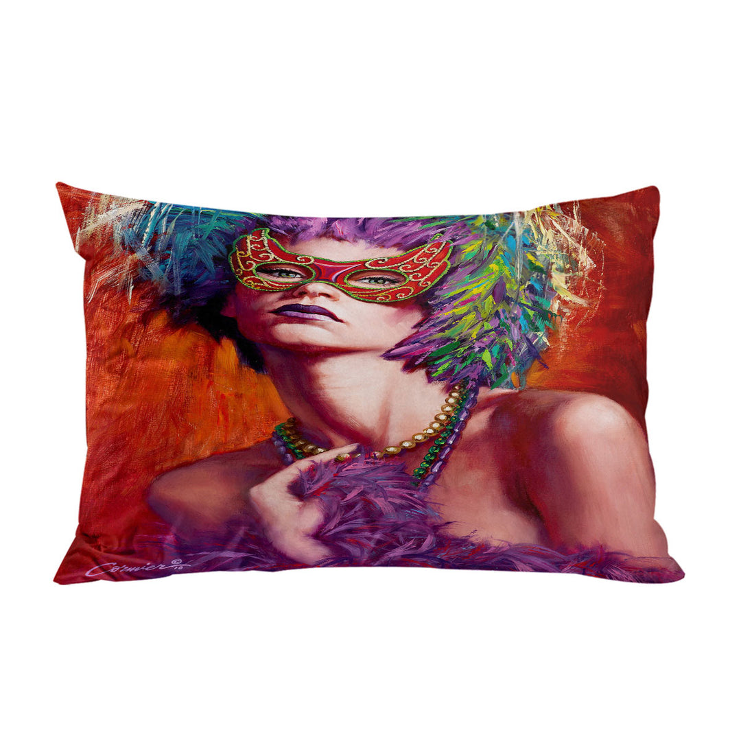 Beautiful Woman Wearing Mask and Feathers Pillowcases