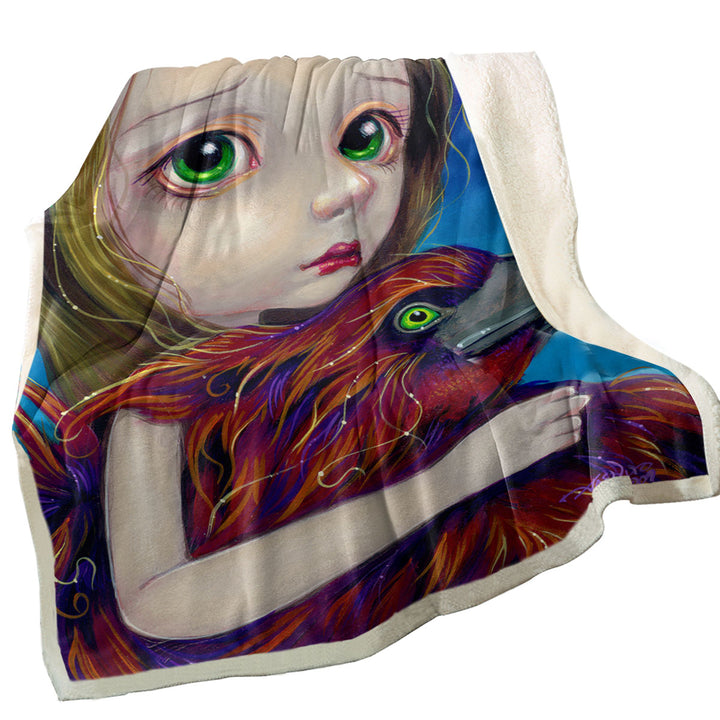 Beautiful Young Big Eyed Maiden and Phoenix Fleece Blankets