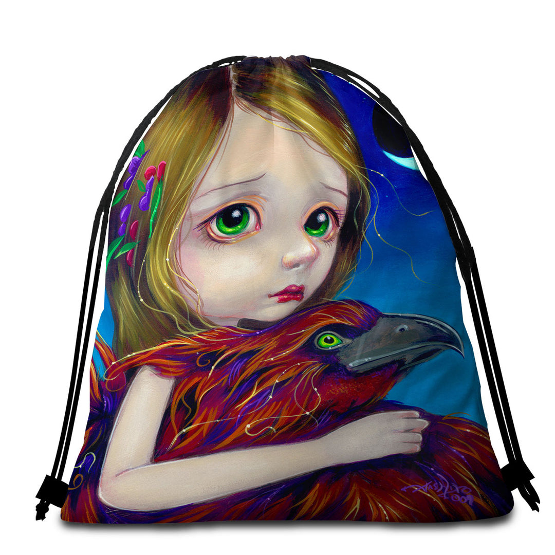 Beautiful Young Big Eyed Maiden and Phoenix Microfibre Beach Towels