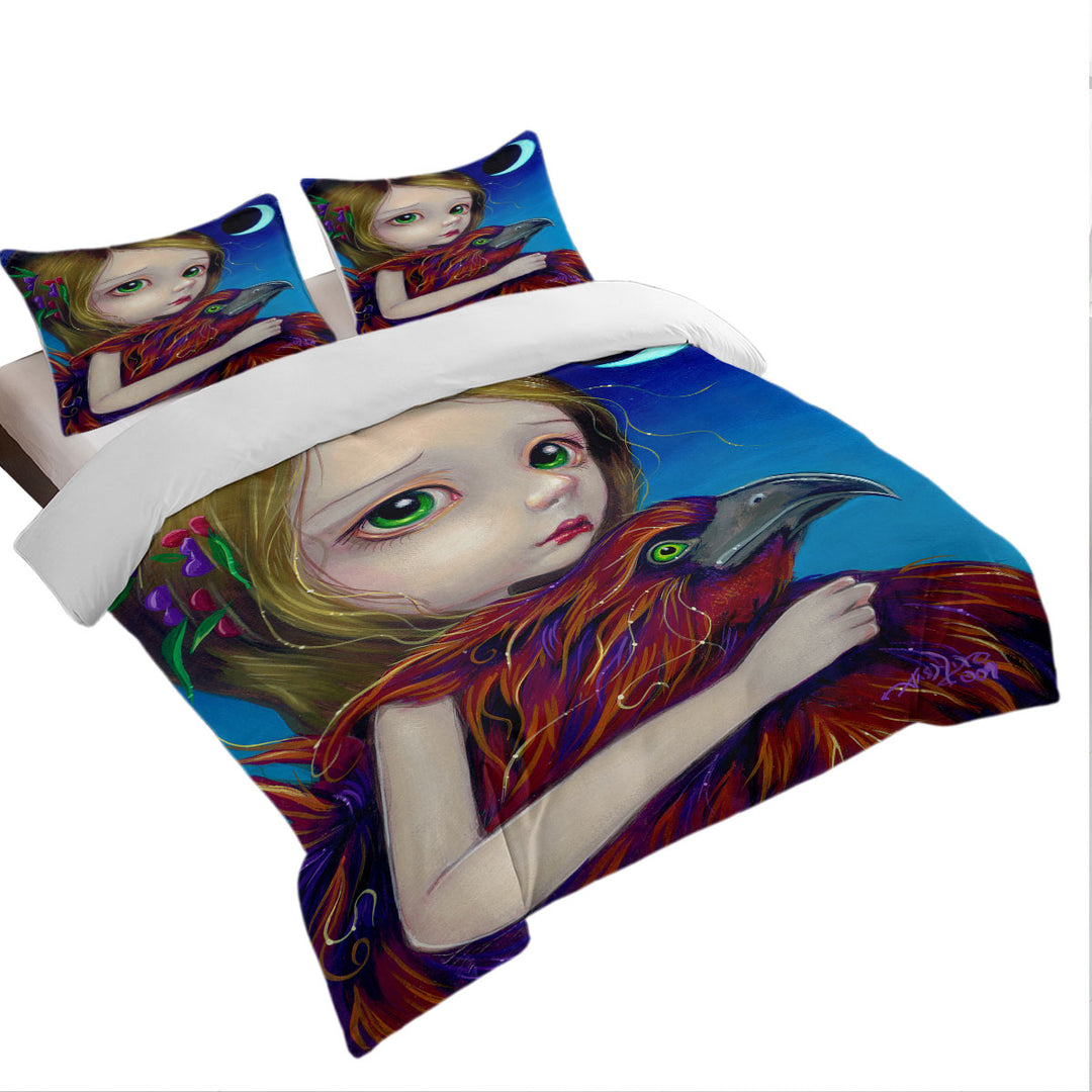 Beautiful Young Big Eyed Maiden and Phoenix Moon Duvet Cover set