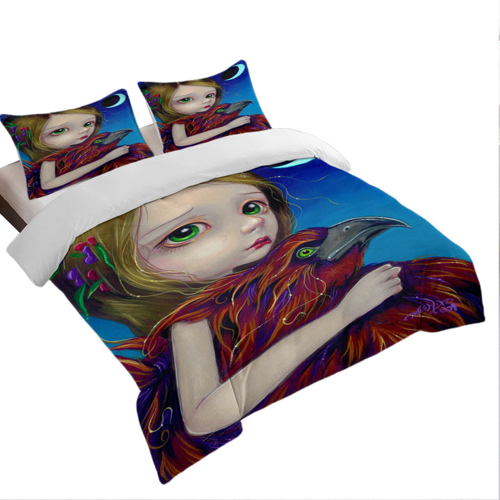 Beautiful Young Big Eyed Maiden and Phoenix Moon Duvet Cover set