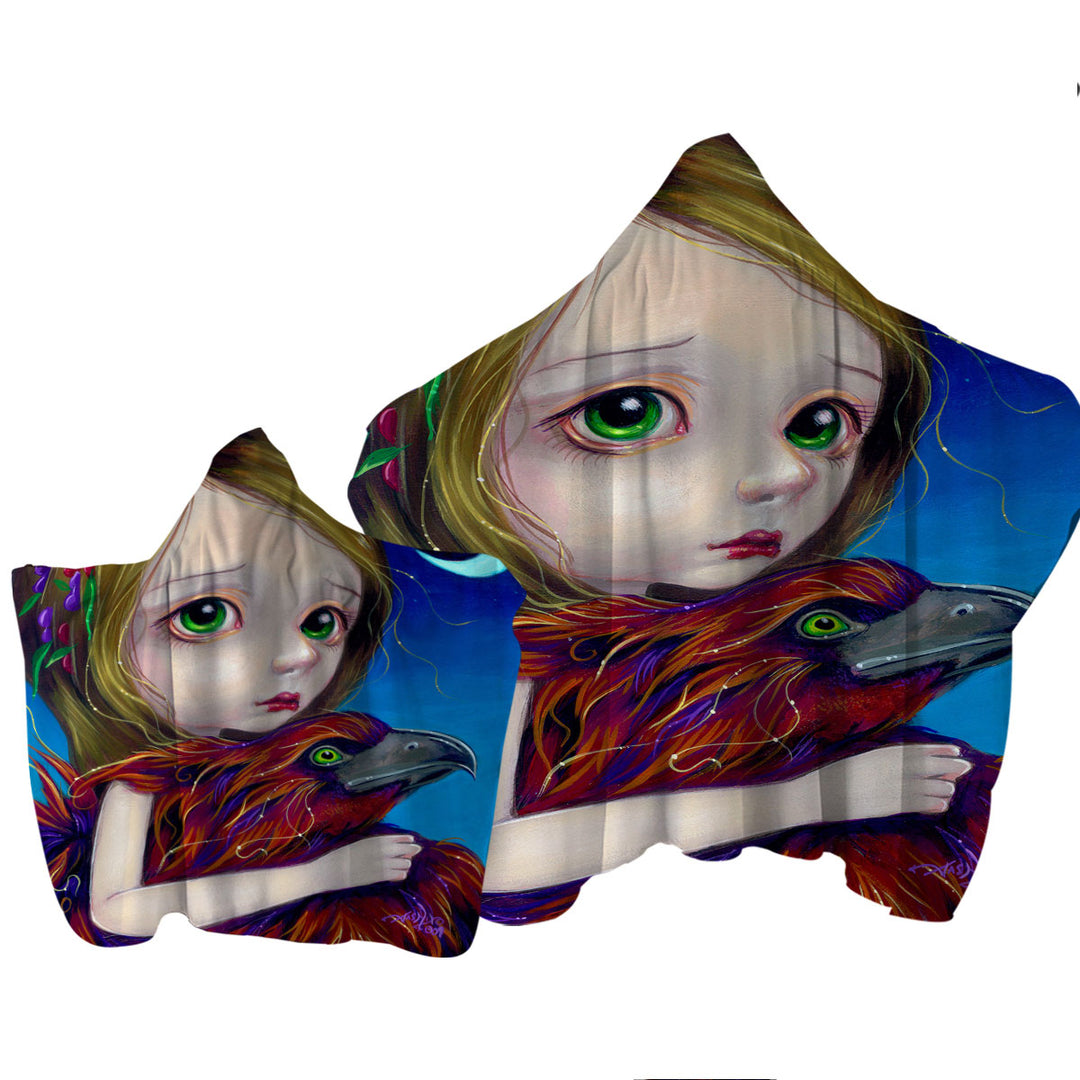 Beautiful Young Big Eyed Maiden and Phoenix Moon Hooded Beach Towel