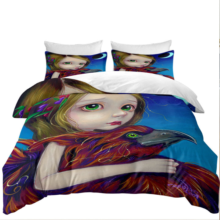 Beautiful Young Big Eyed Maiden and Phoenix Moon full Size Duvet Cover