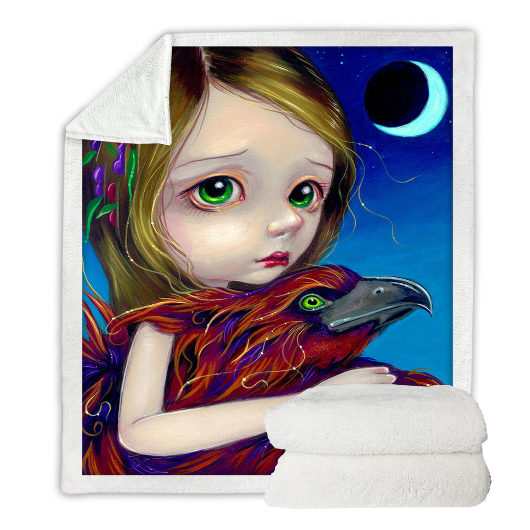 Beautiful Young Big Eyed Maiden and Phoenix Throw Blanket