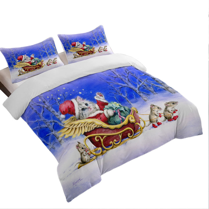 Bed Covers with Christmas Cat Kitten Santa with Mice Friends