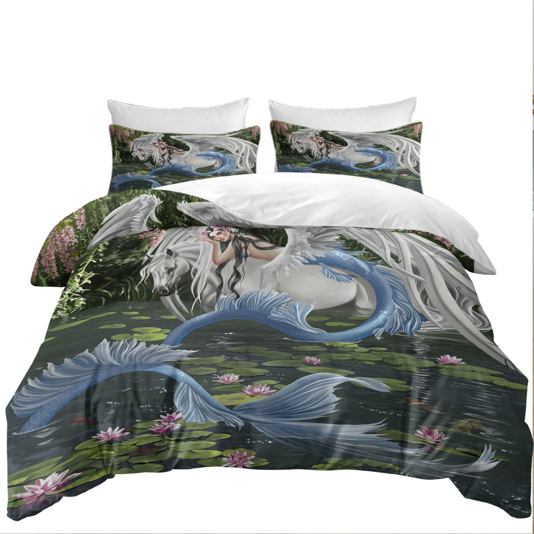 Bed Covers with Cool Fantasy Art Pegasus and Water Lilies Pond Mermaid