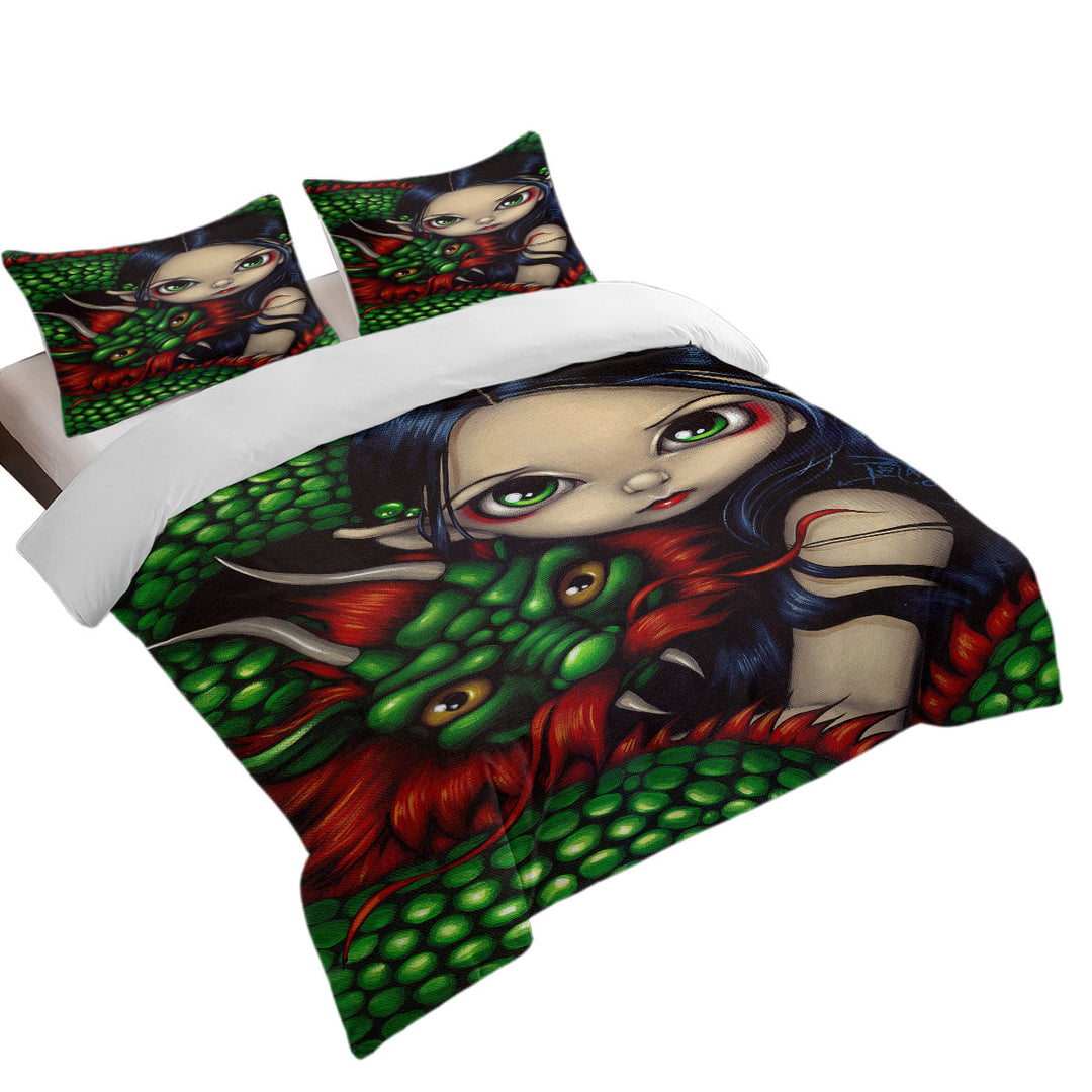 Bed Covers with Emerald Guardian Elf Maiden and Her Chinese Dragon