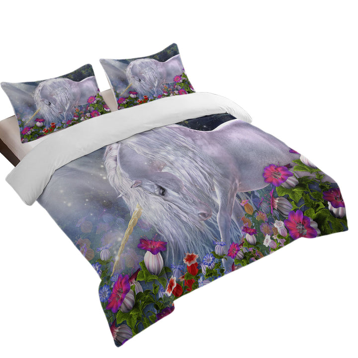 Bed Covers with Fantasy Art Beautiful Flowers and Pure White Unicorn