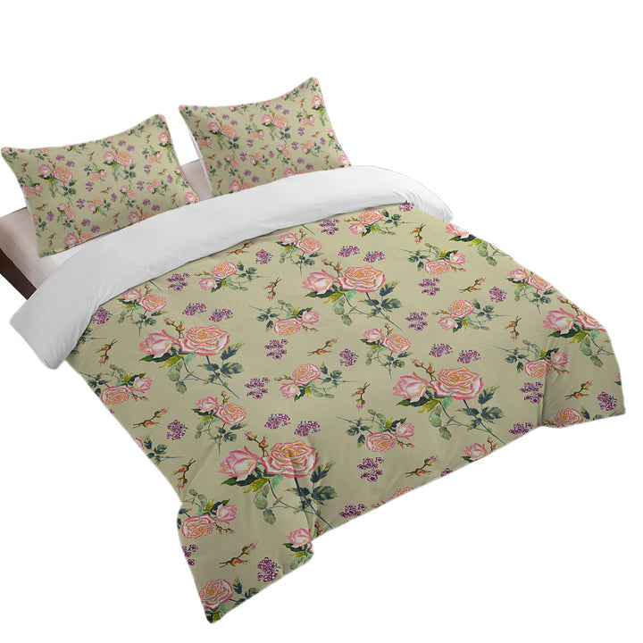 Bed Covers with Pink Roses and Purple Flowers