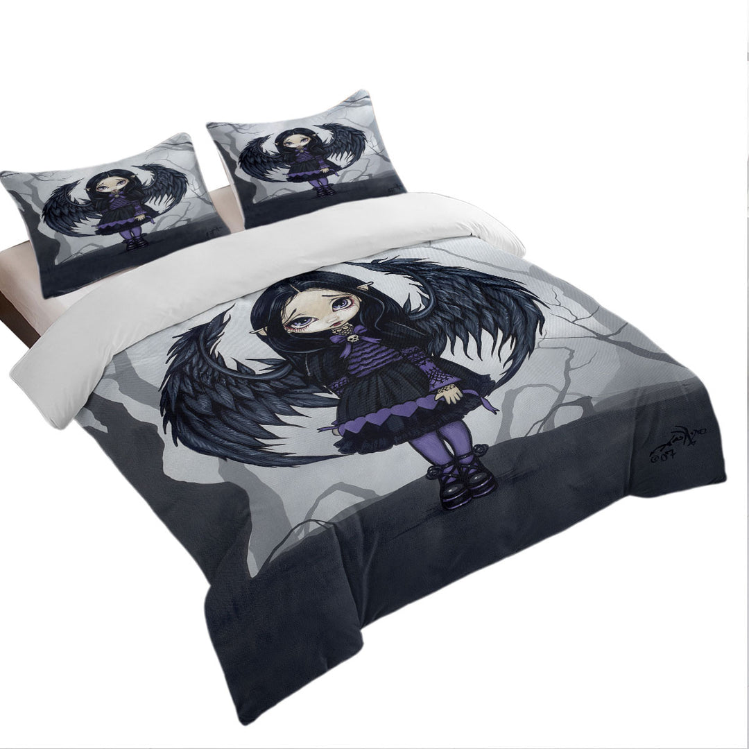 Bed Covers with Purple Paper Hearts Gothic Angel in a Scary Forest