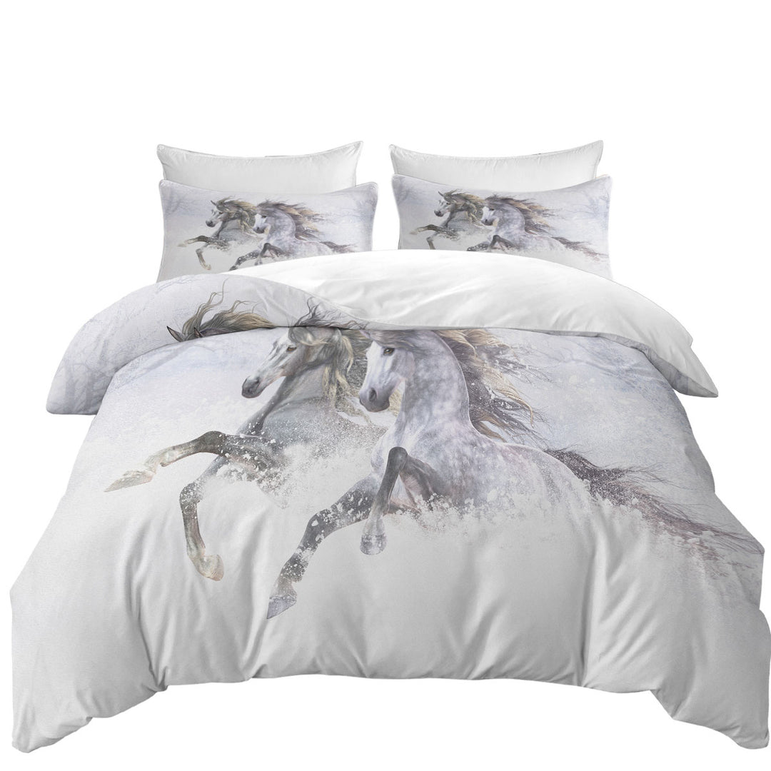 Bed Covers with Two Gorgeous Running Horses the Snow Horses