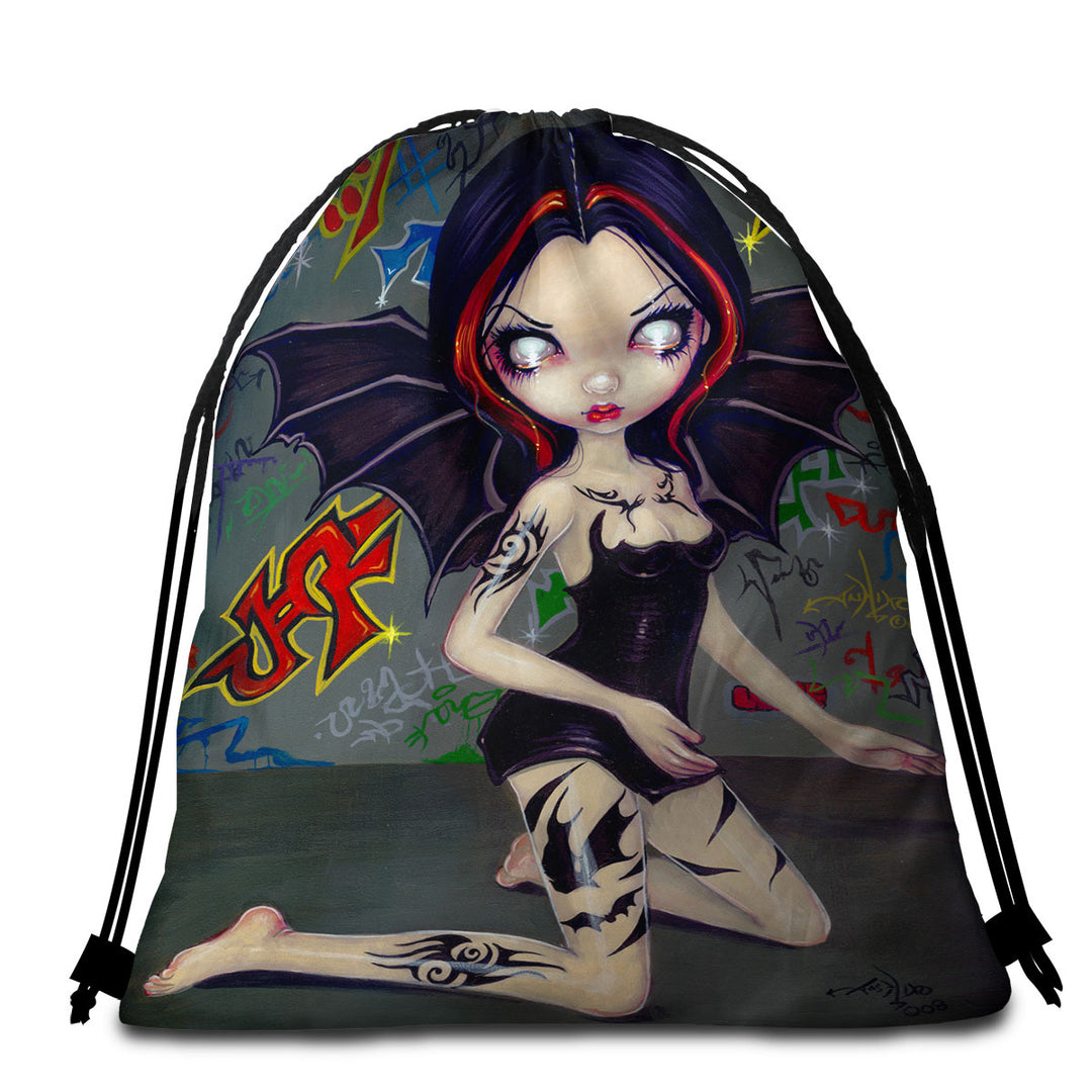 Best Goth Beach Towels Bat Fairy Girl with Bat Tattoos