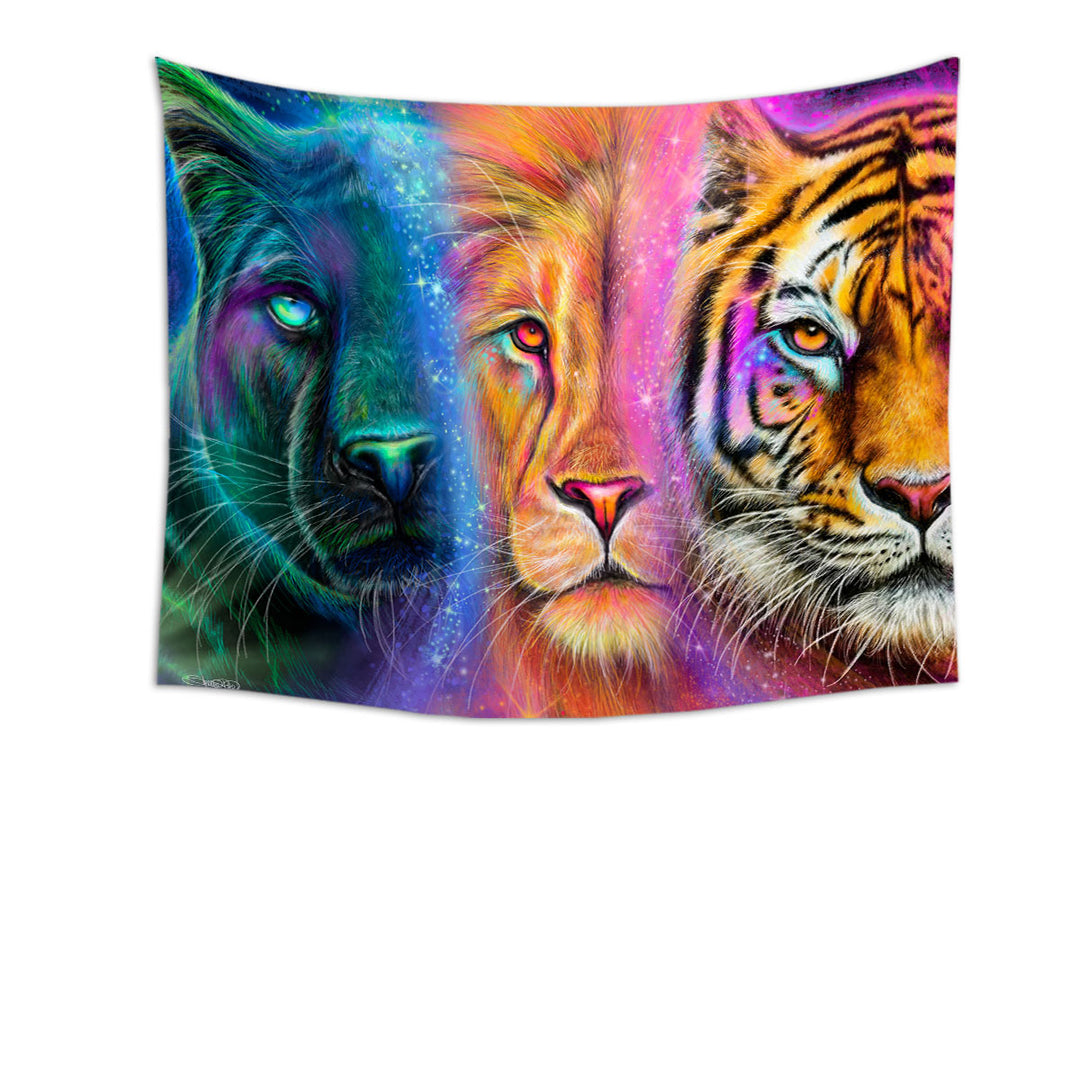 Big Cats Wall Decor Tiger Lion Panther Faces of Nature Neon Big Cats Tapestry