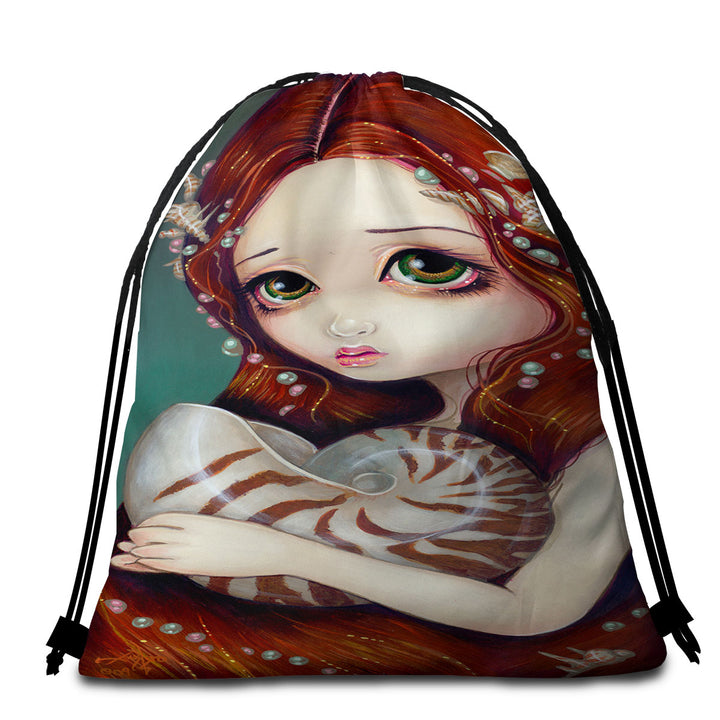 Big Eyed Beautiful Princess Girl and Nautilus Shell Beach Towels and Bags Set