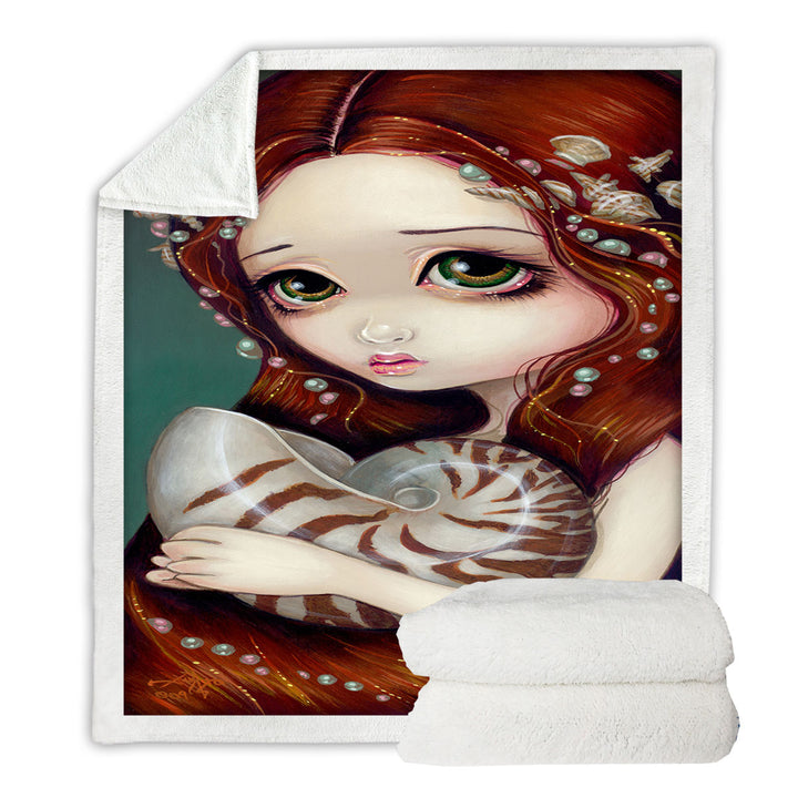 Big Eyed Beautiful Princess Girl and Nautilus Shell Couch Throws