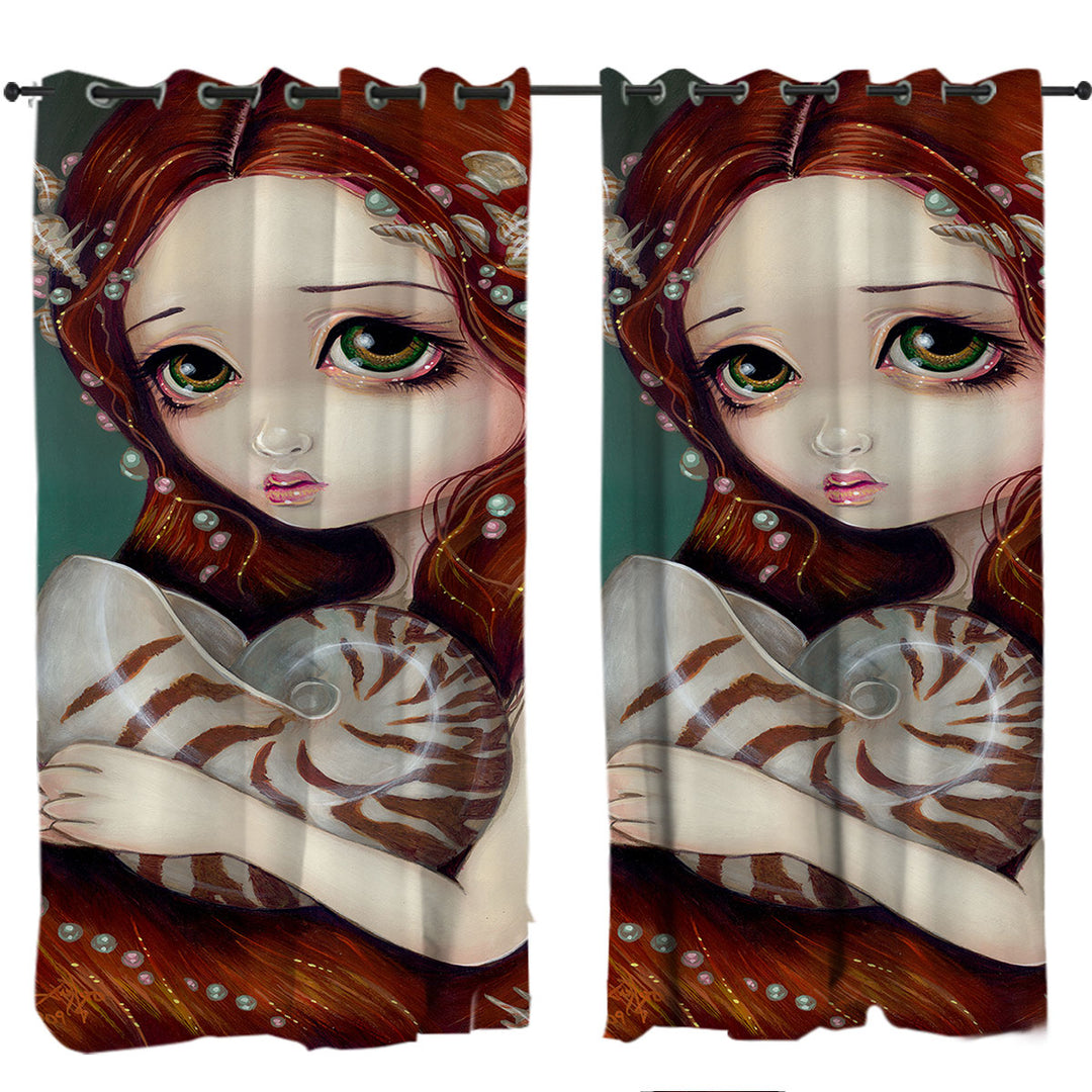 Big Eyed Beautiful Princess Girl and Nautilus Shell Curtains for Living Room