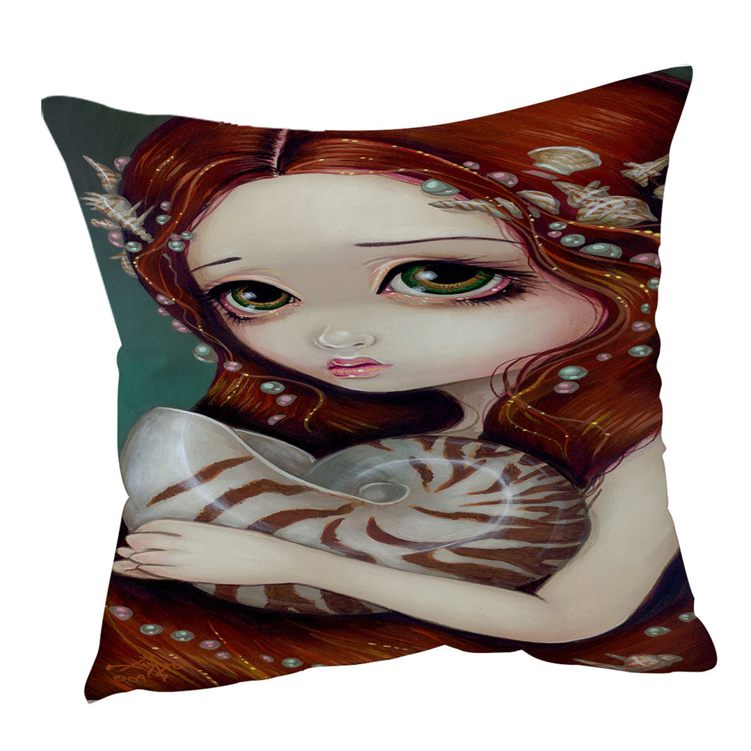 Big Eyed Beautiful Princess Girl and Nautilus Shell Cushion Cover