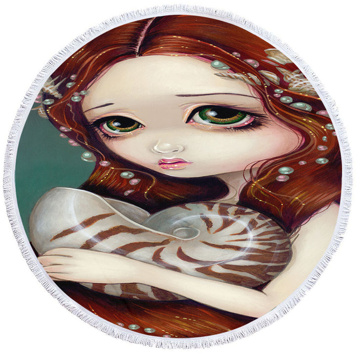 Big Eyed Beautiful Princess Girl and Nautilus Shell Nice Beach Towels