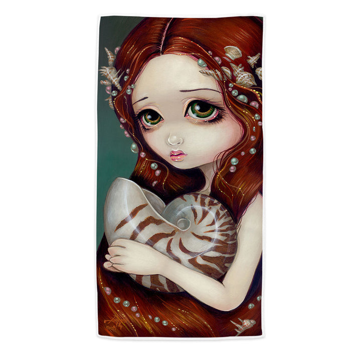 Big Eyed Beautiful Princess Girl and Nautilus Shell Pool Towels