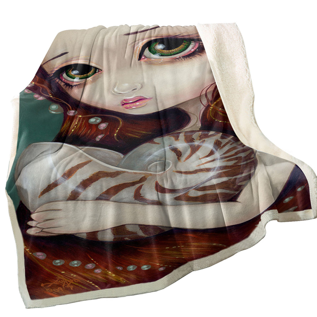 Big Eyed Beautiful Princess Girl and Nautilus Shell Sherpa Blanket