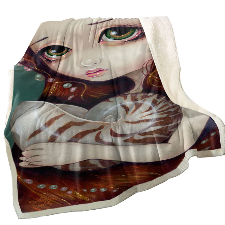 Big Eyed Beautiful Princess Girl and Nautilus Shell Sherpa Blanket