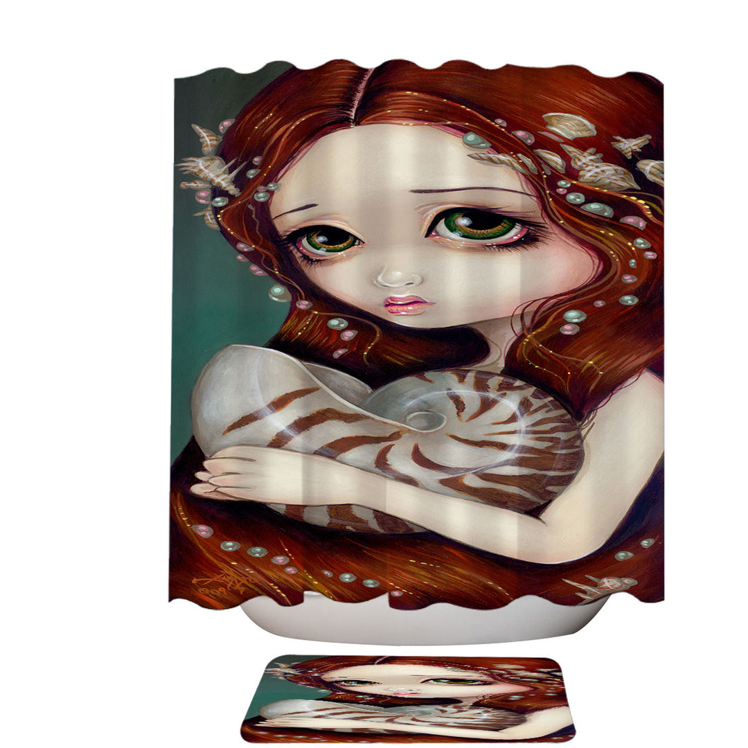 Big Eyed Beautiful Princess Girl and Nautilus Shell Shower Curtains