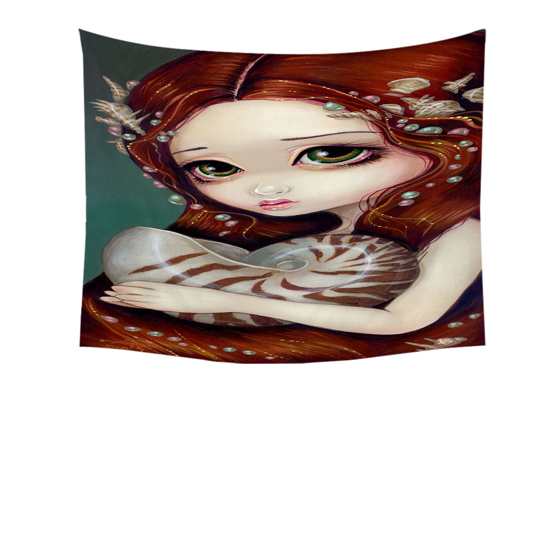 Big Eyed Beautiful Princess Girl and Nautilus Shell Wall Decor Tapestry