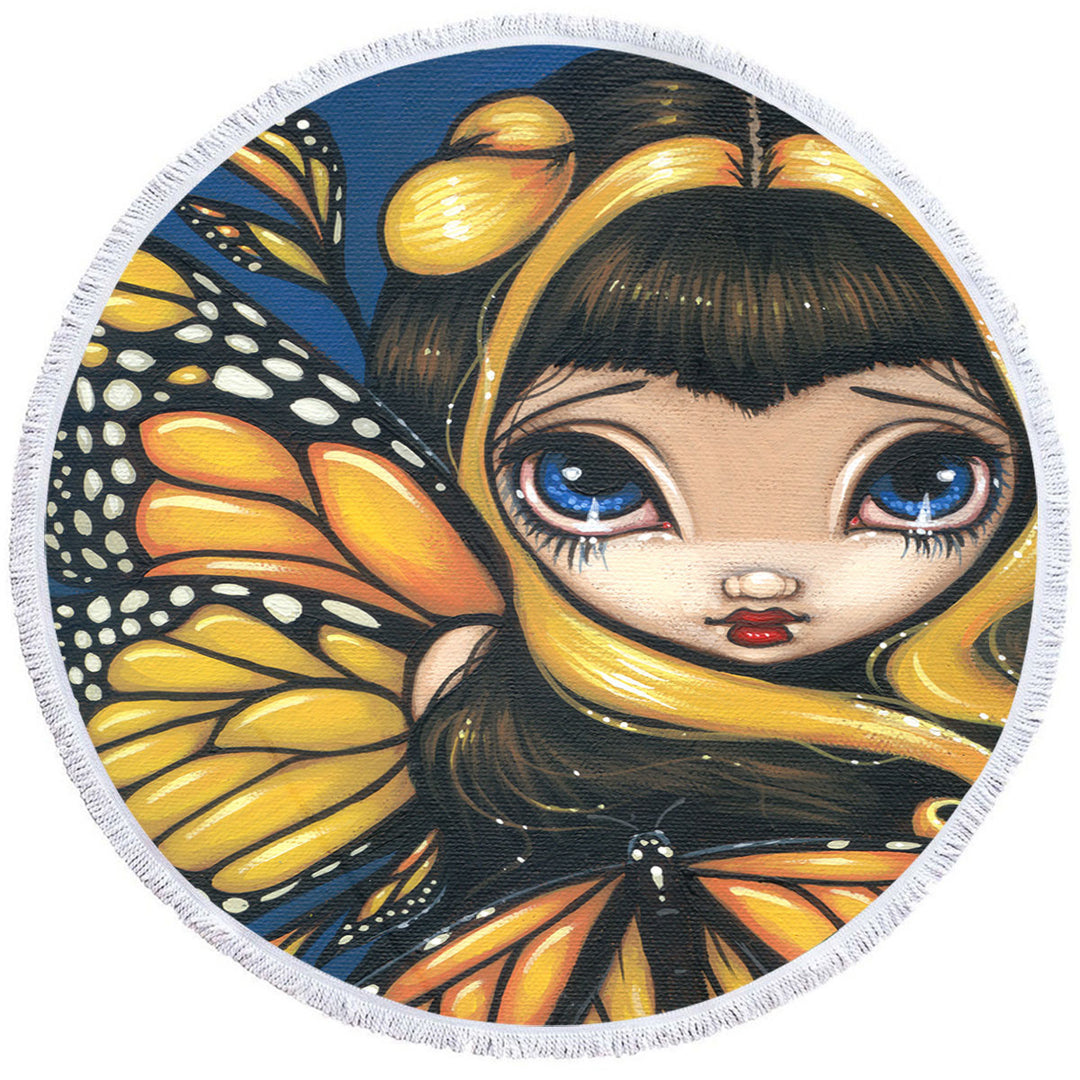 Big Eyed Cute Fairy Golden Butterflies Beach Towel