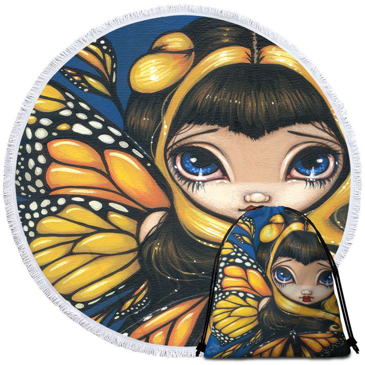 Big Eyed Cute Fairy Golden Butterflies Beach Towels and Bags Set