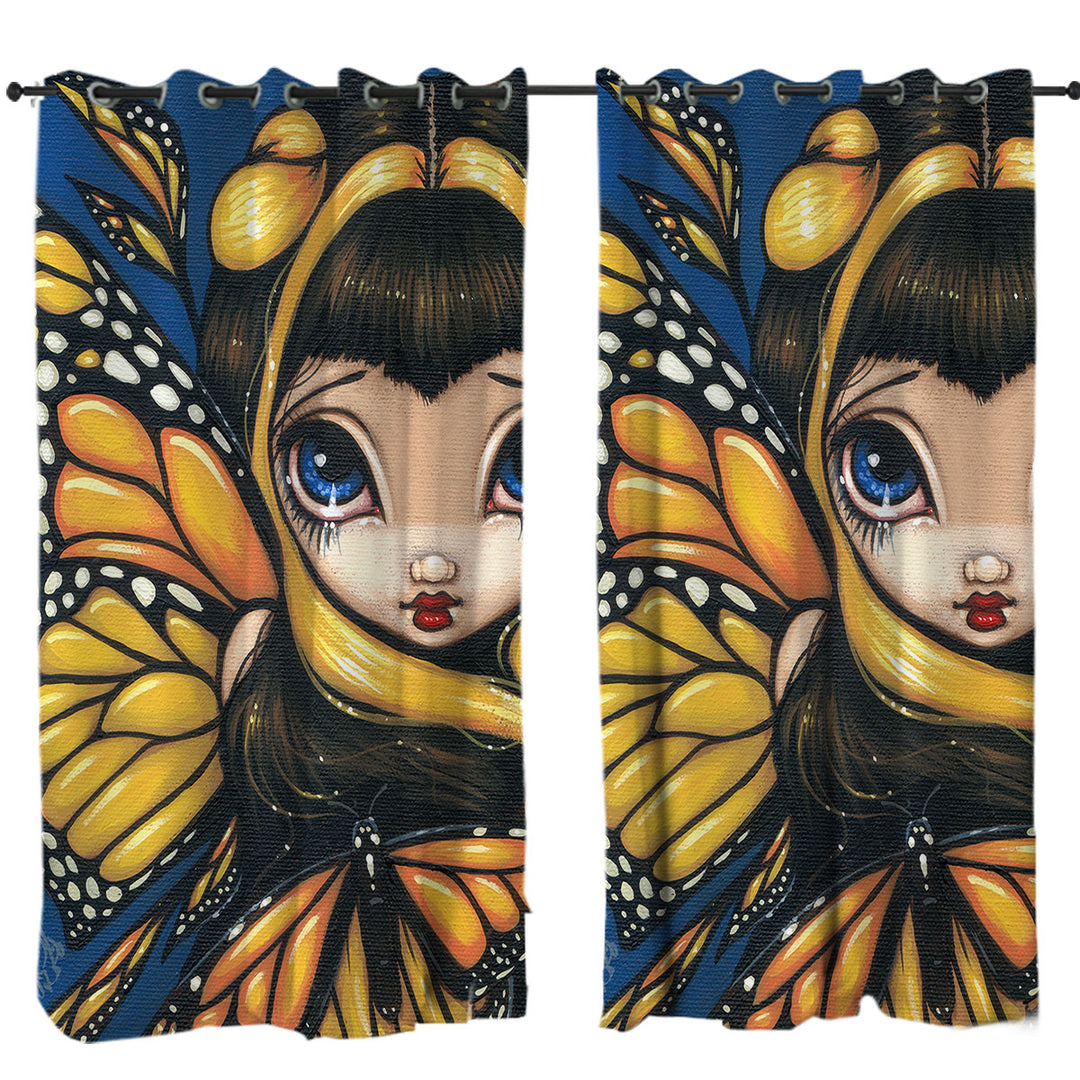 Big Eyed Cute Fairy Golden Butterflies Curtains for Living Room