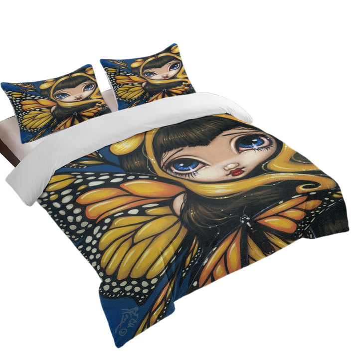 Big Eyed Cute Fairy Golden Butterflies Duvet Cover