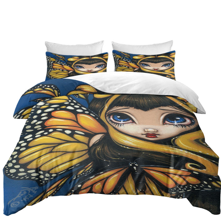 Big Eyed Cute Fairy Golden Butterflies Duvet Covers