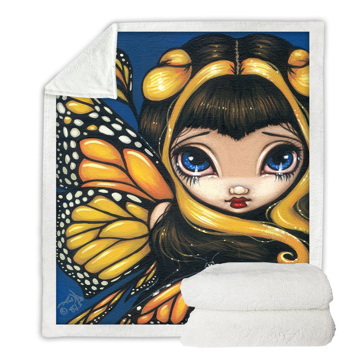 Big Eyed Cute Fairy Golden Butterflies Sherpa Blanket