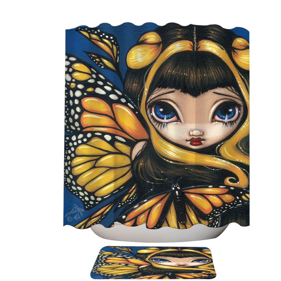 Big Eyed Cute Fairy Golden Butterflies Shower Curtain