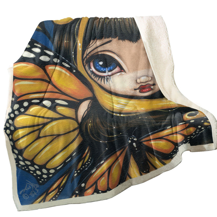 Big Eyed Cute Fairy Golden Butterflies Throws