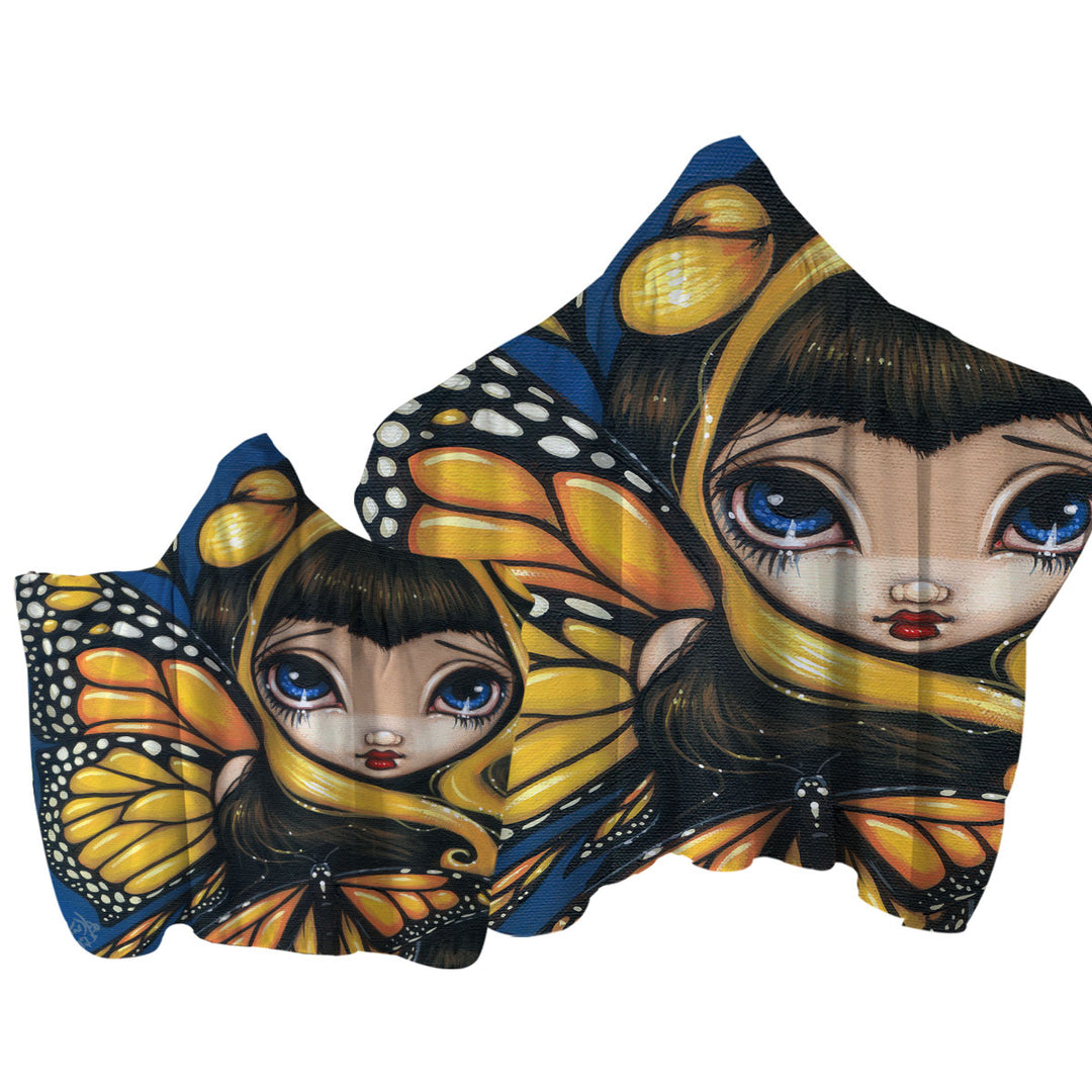 Big Eyed Cute Fairy Golden Butterflies Towel with Hood