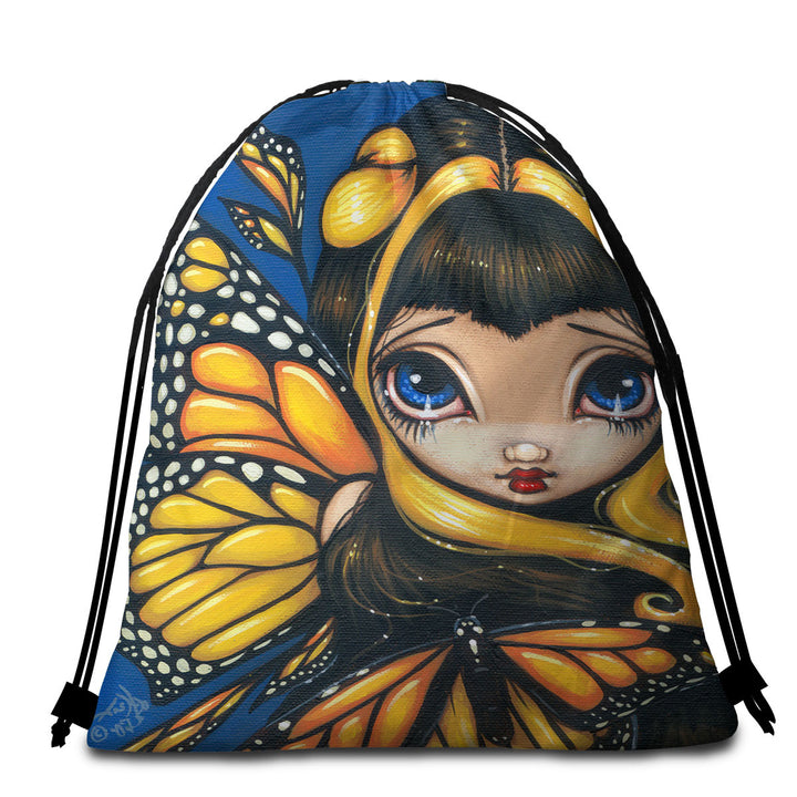 Big Eyed Cute Fairy Golden Butterflies Travel Beach Towel